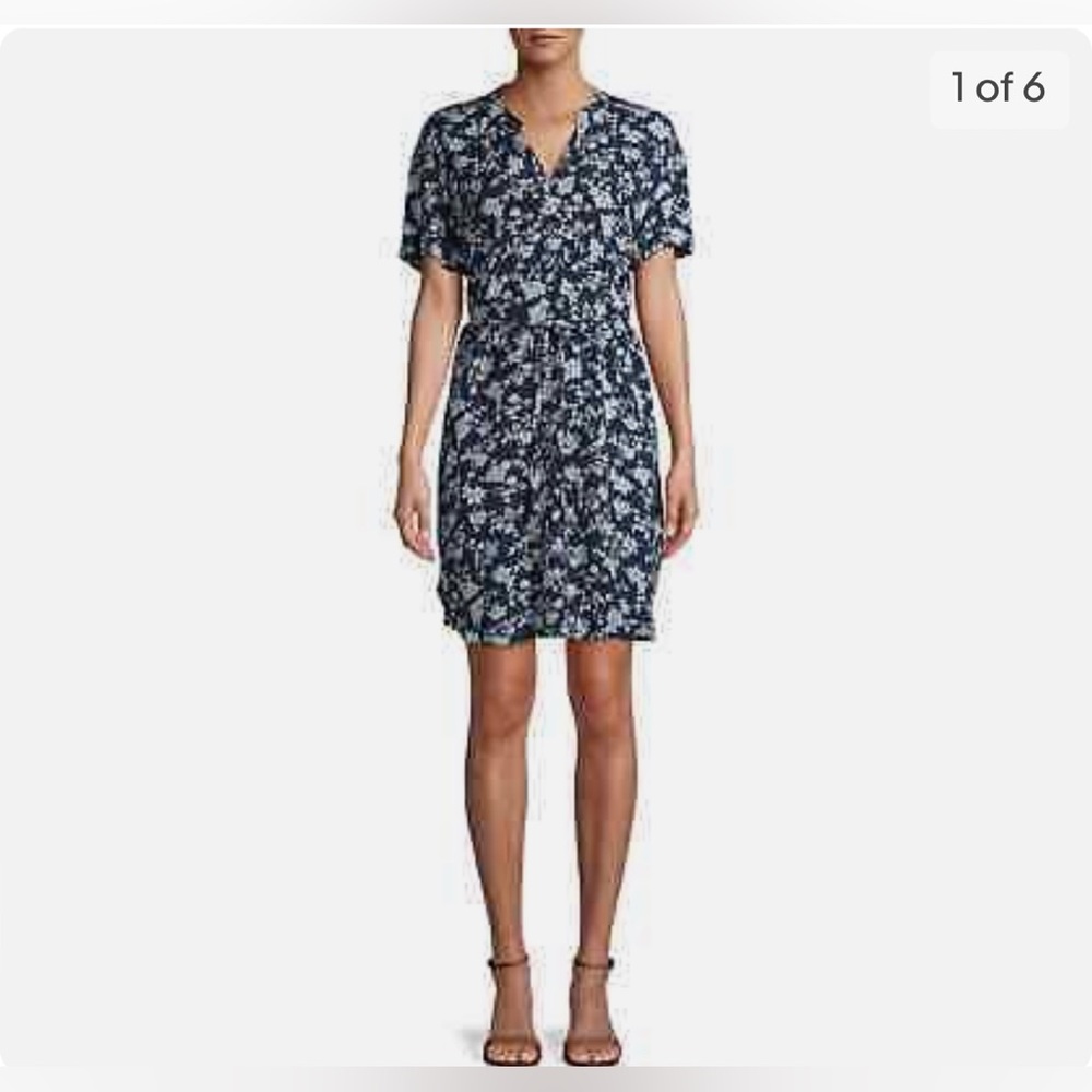 Time and Tru Blue Floral Dress, Split Neck, Shift Style with Tie Waist, Size XL